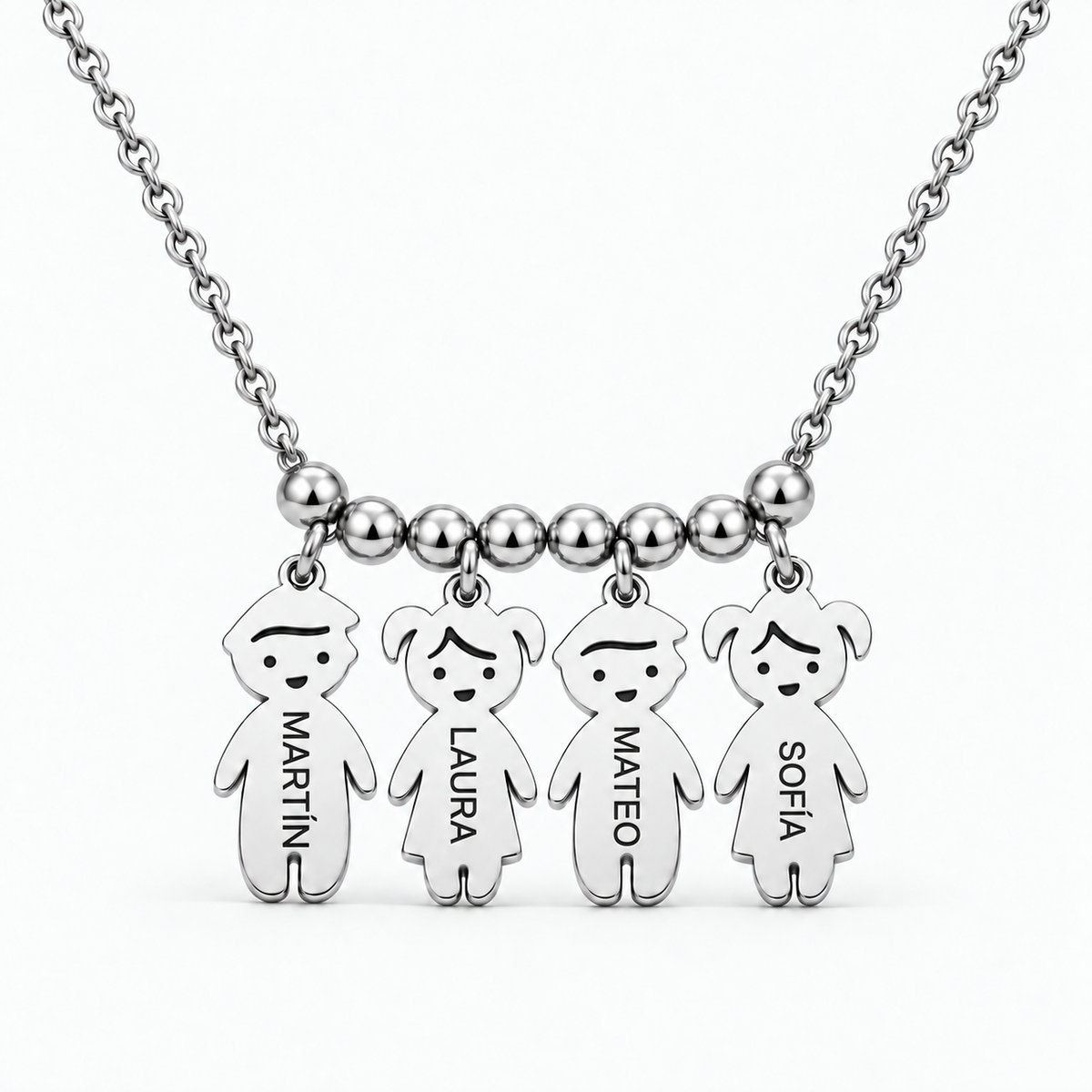 Collar Personalizado con Nombres de tus Hijos plateado — cuatro hijos, Martín, Laura, Mateo y Sofía