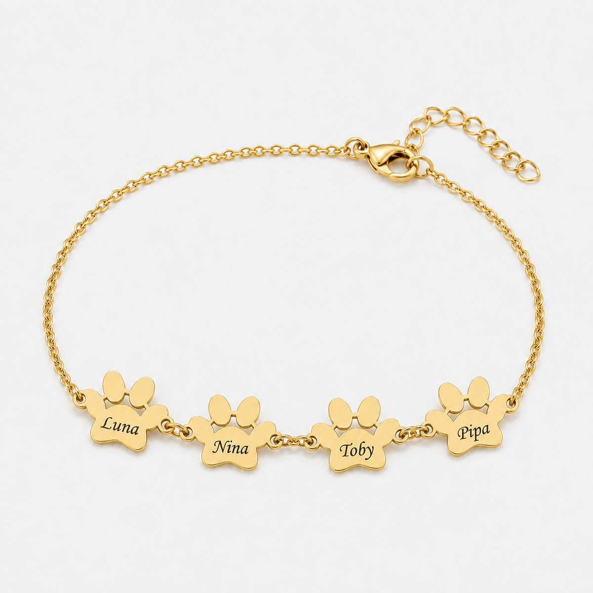 Pulsera Personalizada con Huellas y nombres dorada — 4 Huellas — nombres Luna, Nina, Toby y Pipa