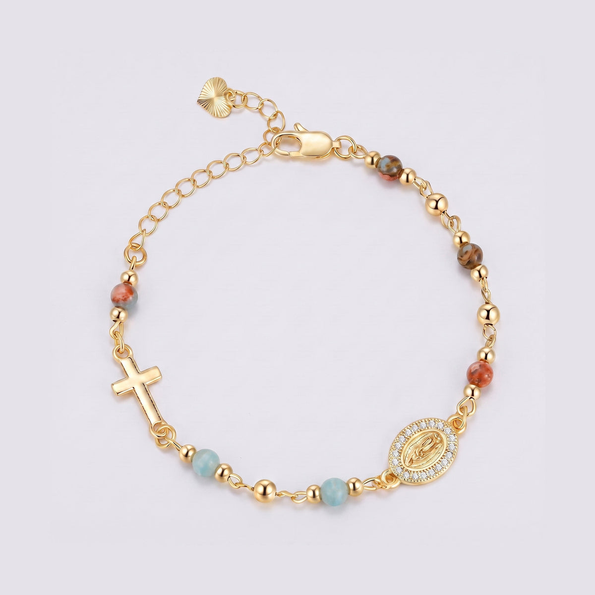 Pulsera Ave María con piedras naturales — cuentas mistas coral, marrones y azules