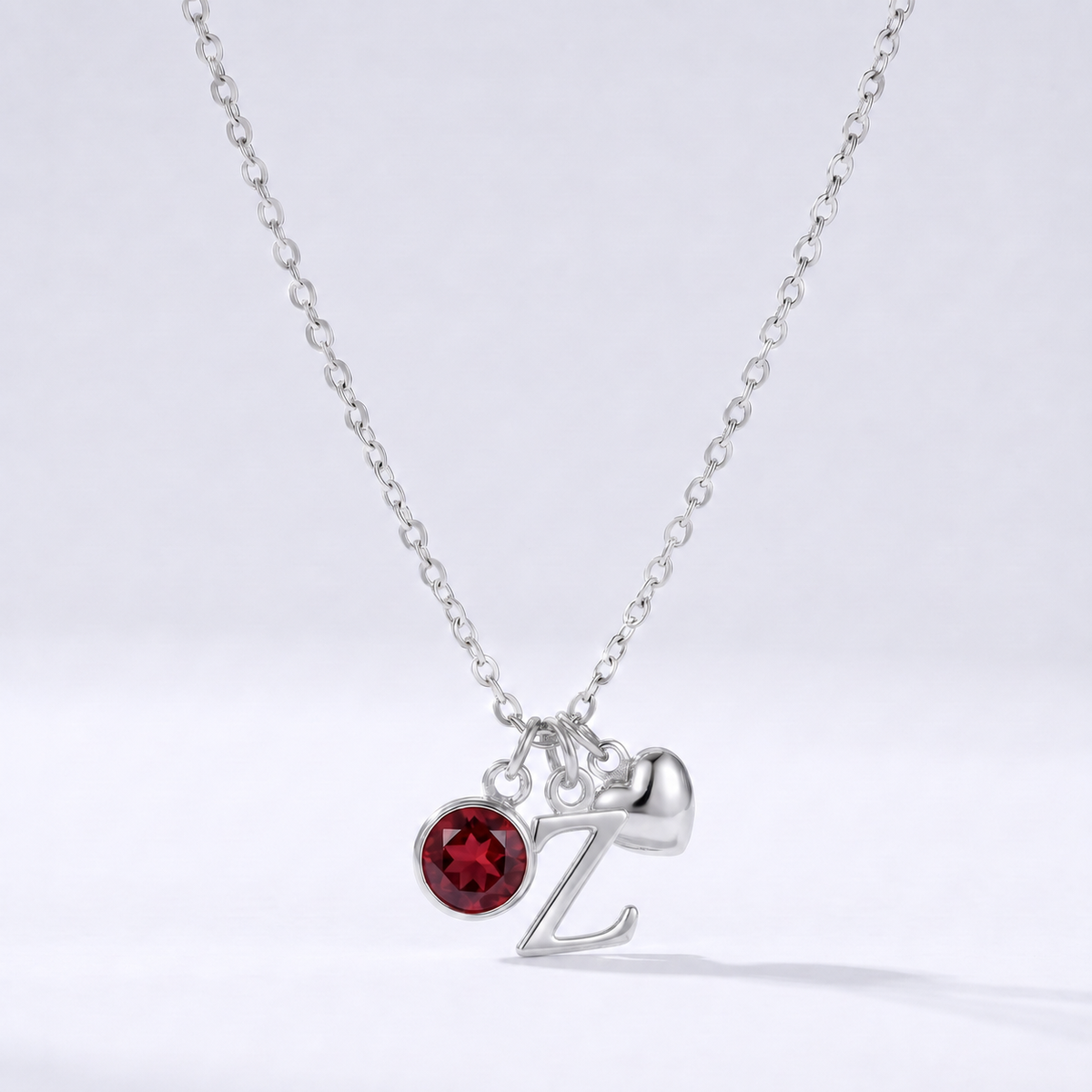Collar letra Z plateado con piedra de nacimiento y coração