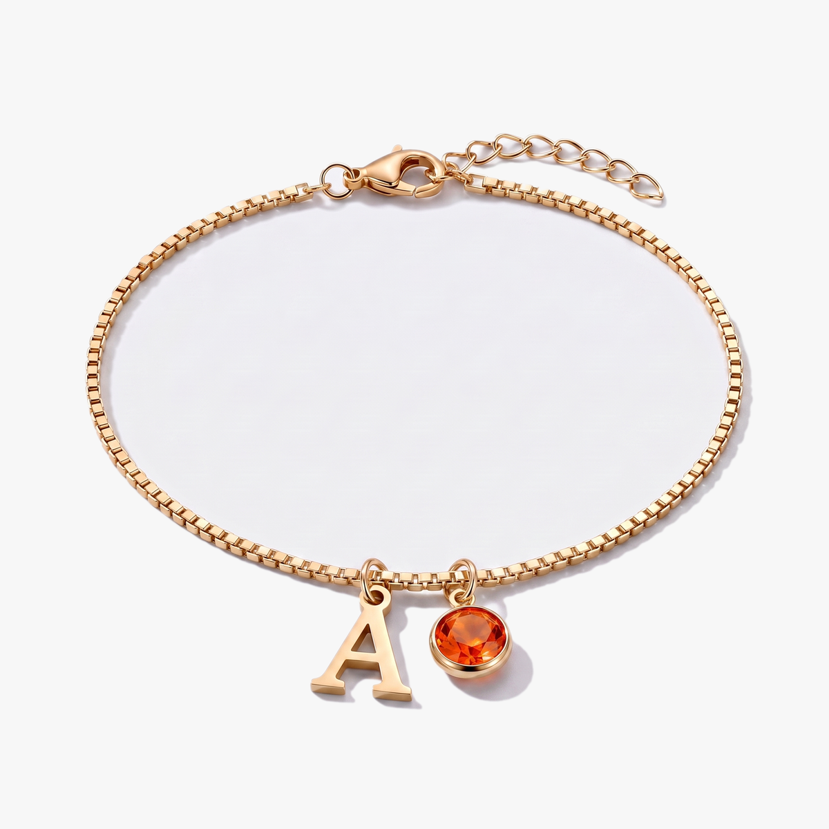 Pulsera letra A dorada con piedra de nacimiento Julio — Rubí