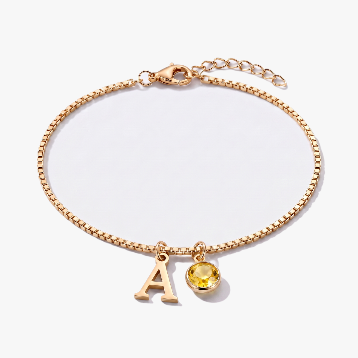 Pulsera letra A dorada con piedra de nacimiento Noviembre — Citrino