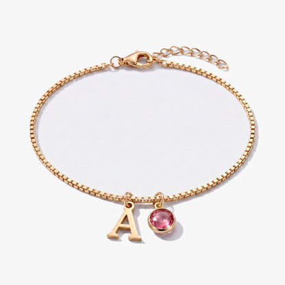 Pulsera letra A dorada con piedra de nacimiento Octubre — Turmalina rosa