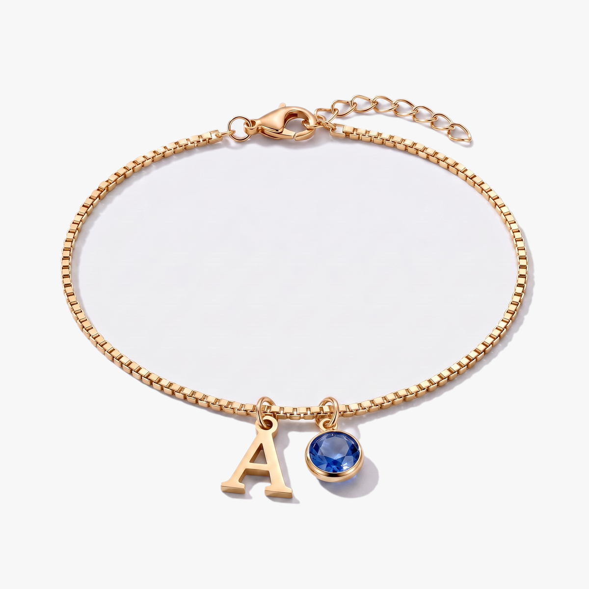 Pulsera letra A dorada con piedra de nacimiento Septiembre — Zafiro