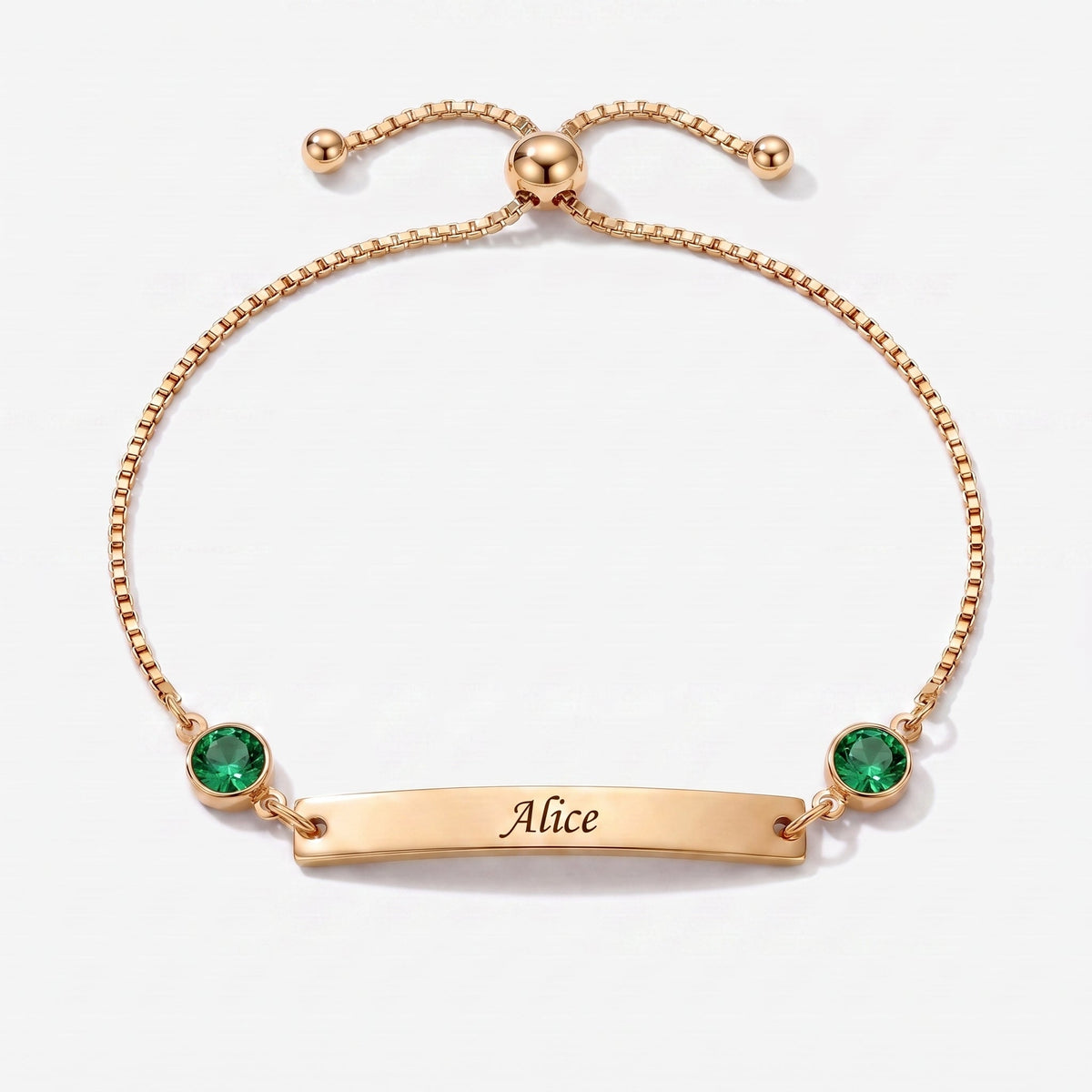 Pulsera personalizada con nombre, placa y piedra de nacimiento dorada — Agosto, Peridoto — placa grabable y dos piedras