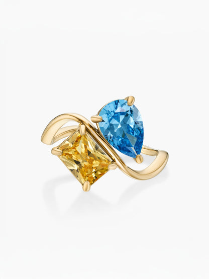 Anillo dos piedras Diciembre-Topacio azul (pera) y Noviembre-Citrino (rectángulo) dorado