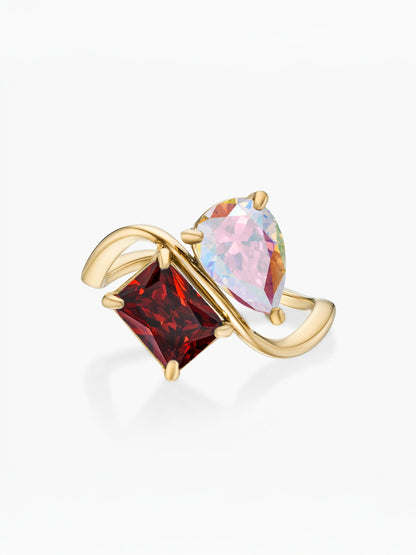 Anillo dos piedras Junio-Alejandrita (pera) y Enero-Granate (rectángulo) dorado