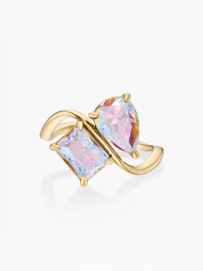 Anillo dos piedras Junio-Alejandrita (pera) y Junio-Alejandrita (rectángulo) dorado