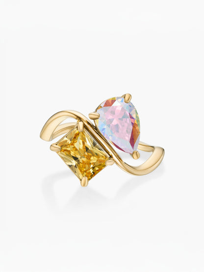 Anillo dos piedras Junio-Alejandrita (pera) y Noviembre-Citrino (rectángulo) dorado