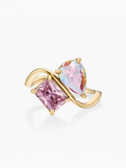 Anillo dos piedras Junio-Alejandrita (pera) y Octubre-Turmalina Rosa (rectángulo) dorado