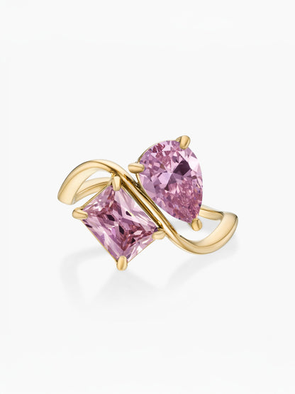 Anillo dos piedras Octubre-Turmalina Rosa (pera) y Octubre-Turmalina Rosa (rectángulo) dorado