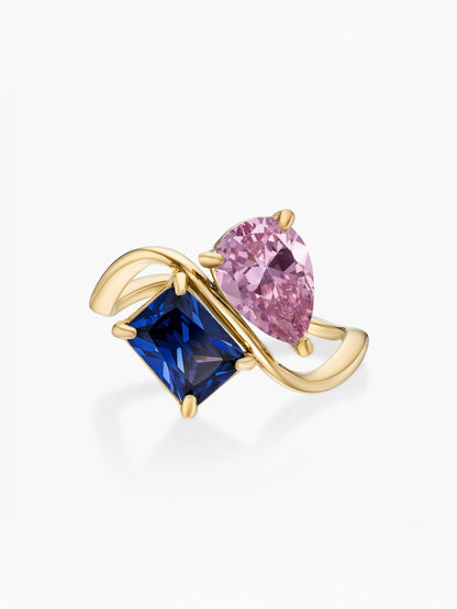 Anillo dos piedras Octubre-Turmalina Rosa (pera) y Septiembre-Zafiro (rectángulo) dorado