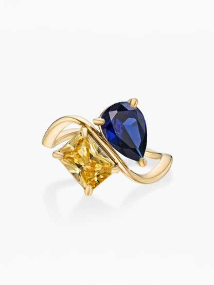 Anillo dos piedras Septiembre-Zafiro (pera) y Noviembre-Citrino (rectángulo) dorado