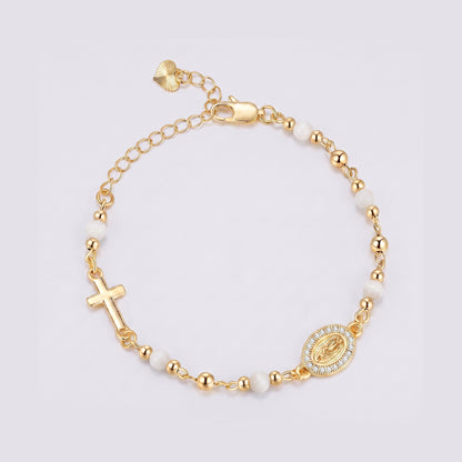 Pulsera Ave María con piedras naturales — cuentas blancas