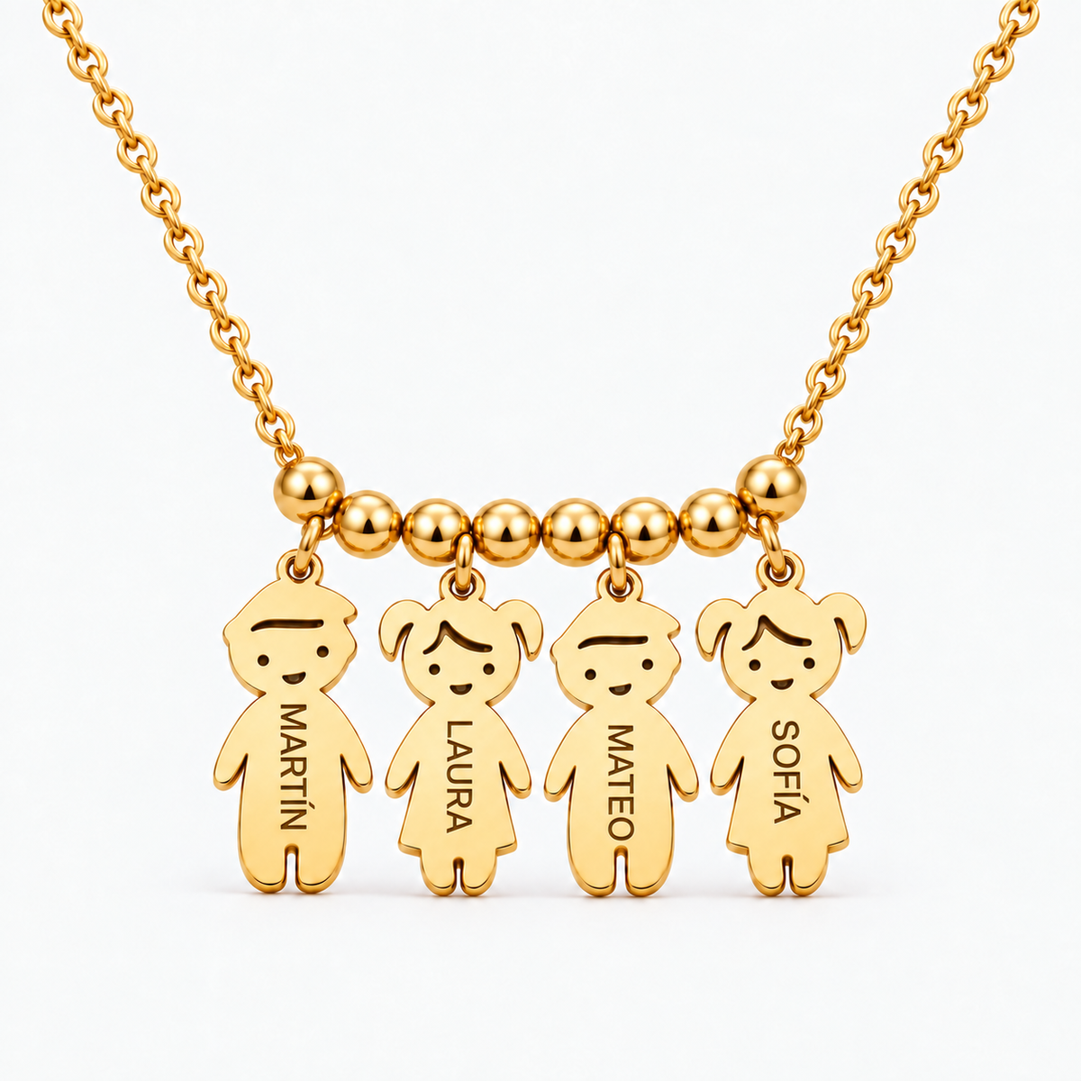 Collar Personalizado con Nombres de tus Hijos dorado — cuatro hijos, Martín, Laura, Mateo y Sofía