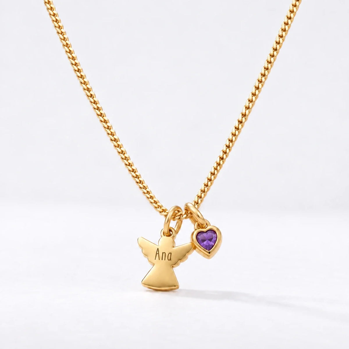 Collar Ángel con Nombre dorado — Febrero — Amatista