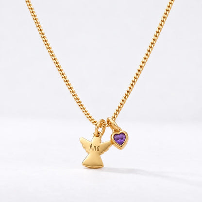 Collar Ángel con Nombre dorado — Febrero — Amatista
