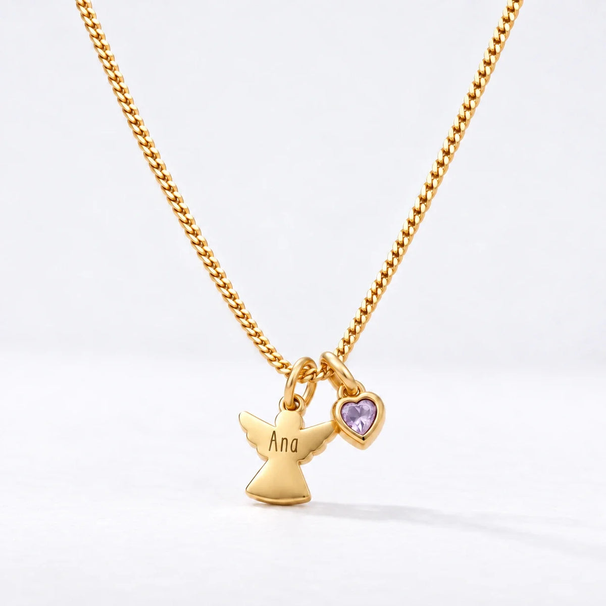 Collar Ángel con Nombre dorado — Junio — Amatista Clara