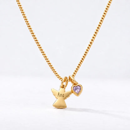 Collar Ángel con Nombre dorado — Junio — Amatista Clara