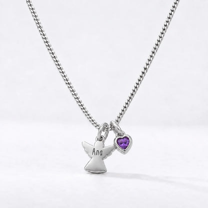 Collar Ángel con Nombre plateado — Febrero — Amatista