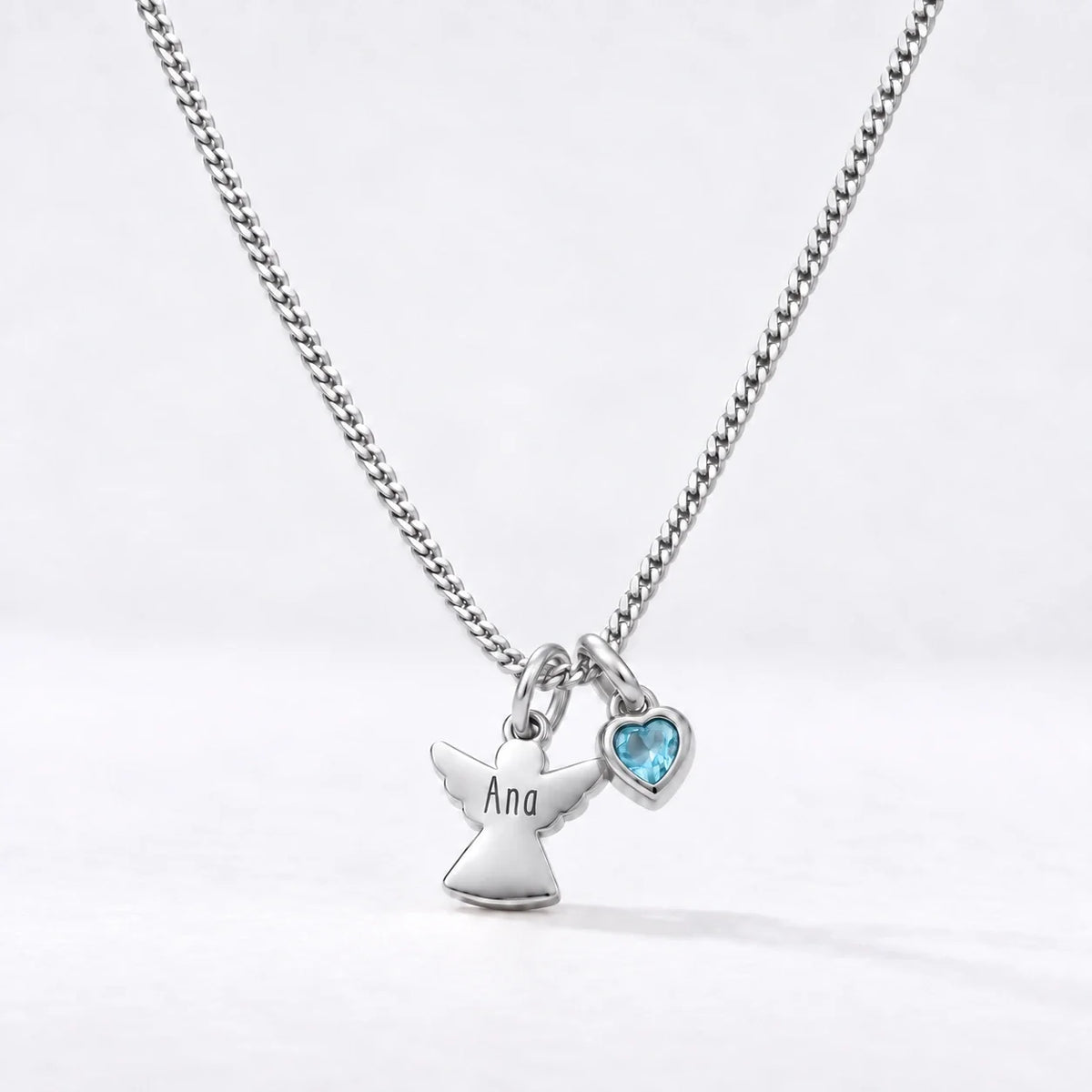 Collar Ángel con Nombre plateado — Marzo — Aguamarina