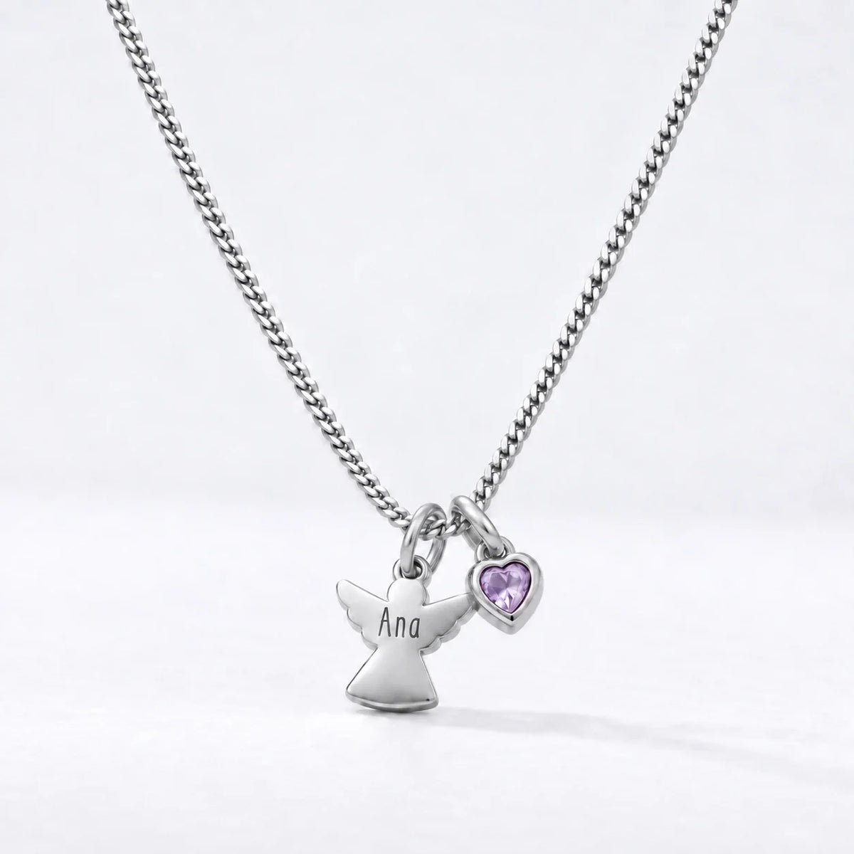 Collar Ángel con Nombre plateado — Junio — Amatista Clara
