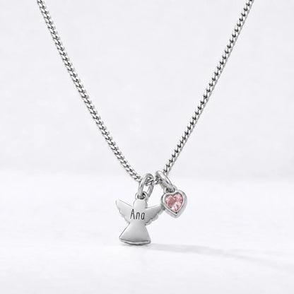 Collar Ángel con Nombre plateado — Octubre — Cuarzo Rosa