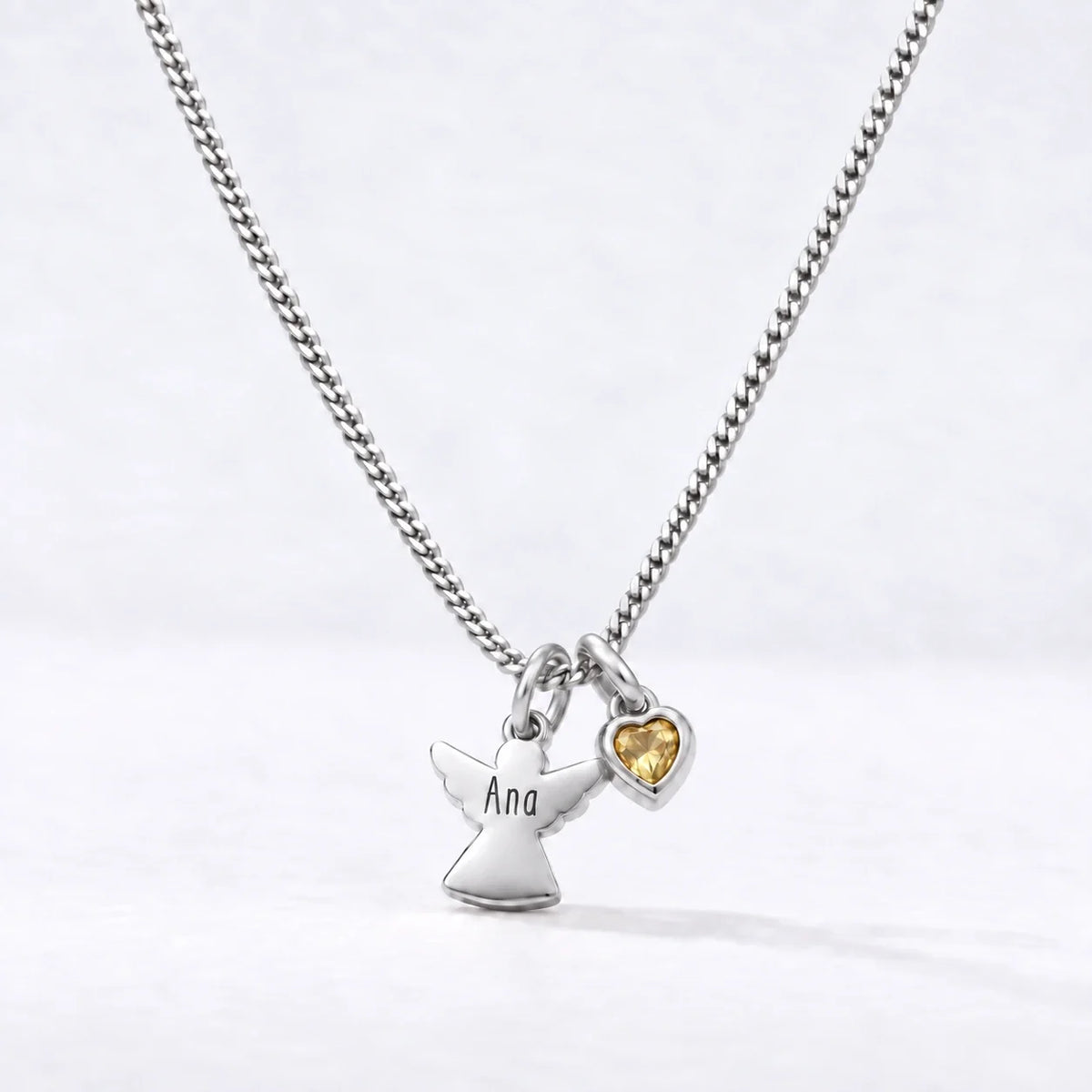 Collar Ángel con Nombre plateado — Noviembre — Citrino