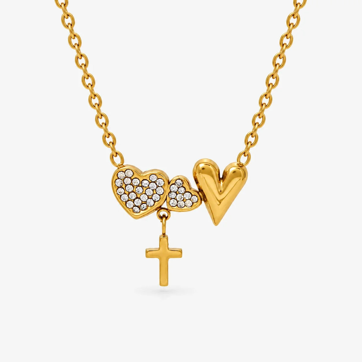Collar Corazones y Cruz dorado con circonita