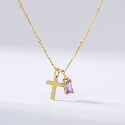 Collar cruz con piedra de nacimiento Febrero — Amatista