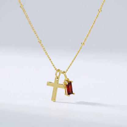 Collar cruz con piedra de nacimiento Enero — Granate