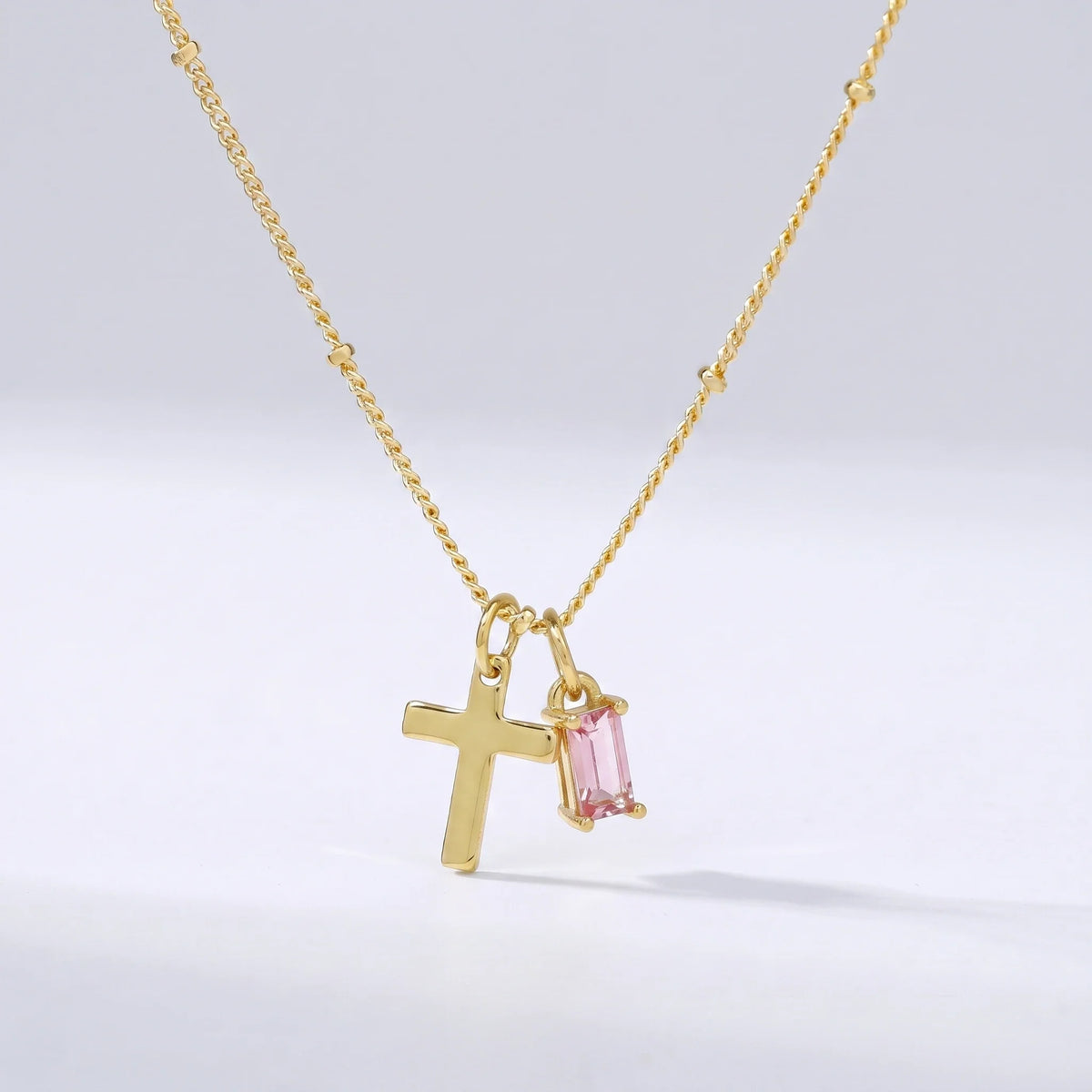 Collar cruz con piedra de nacimiento Octubre — Turmalina rosa