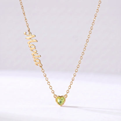 Collar Nombre y Coração de Nascimento Dorado — Agosto — Peridoto