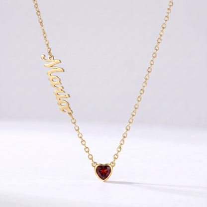 Collar Nombre y Coração de Nascimento Dorado — Enero — Granate