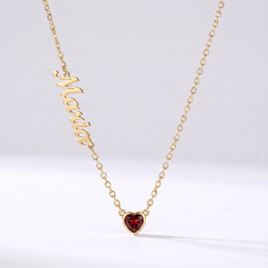 Collar Nombre y Coração de Nascimento Dorado — Enero — Granate