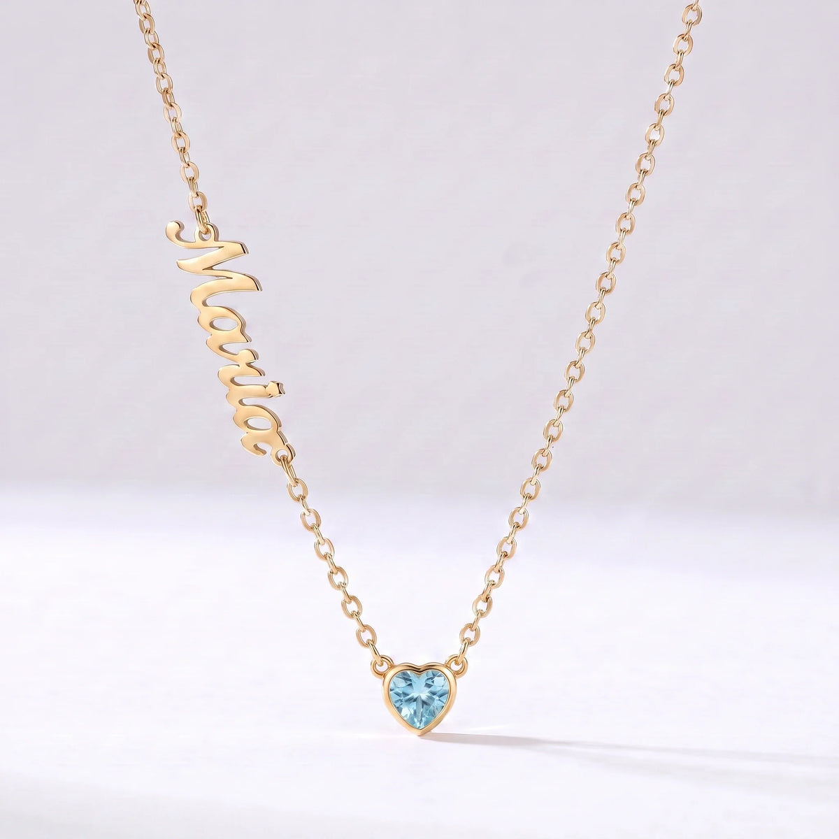 Collar Nombre y Coração de Nascimento Dorado — Marzo — Aguamarina