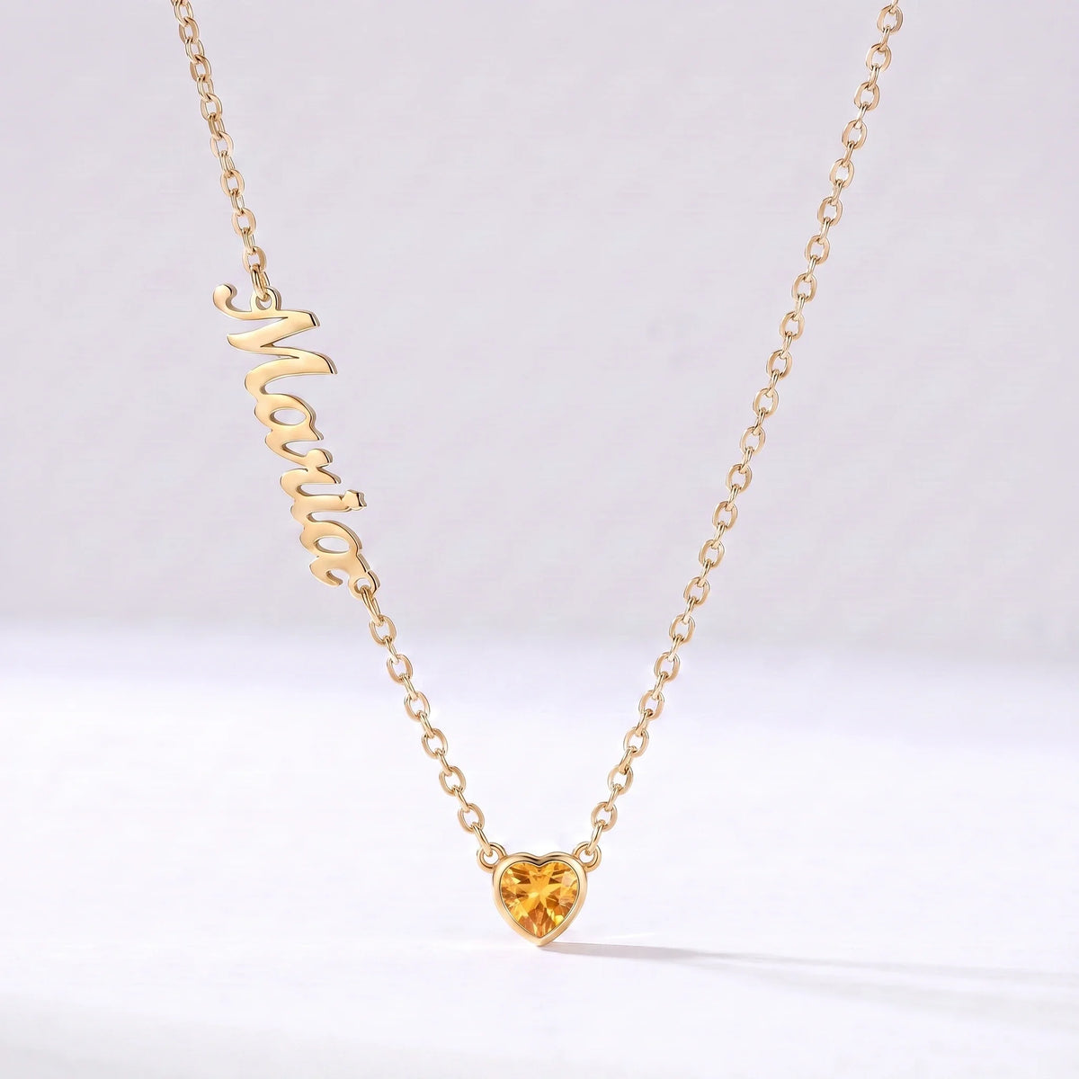 Collar Nombre y Coração de Nascimento Dorado — Noviembre — Citrino