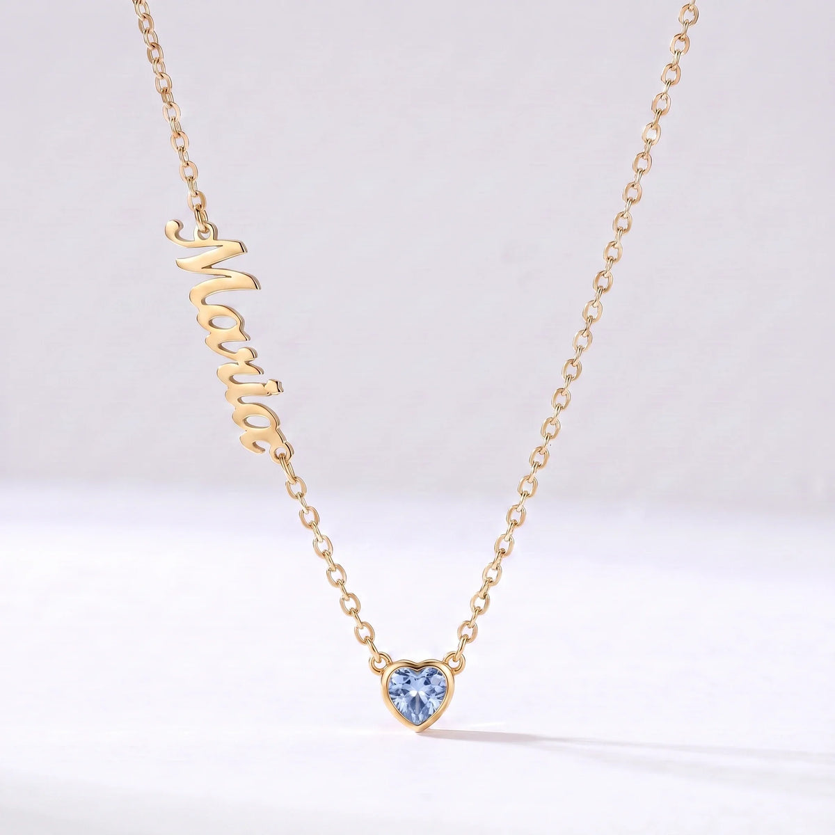 Collar Nombre y Coração de Nascimento Dorado — Septiembre — Zafiro