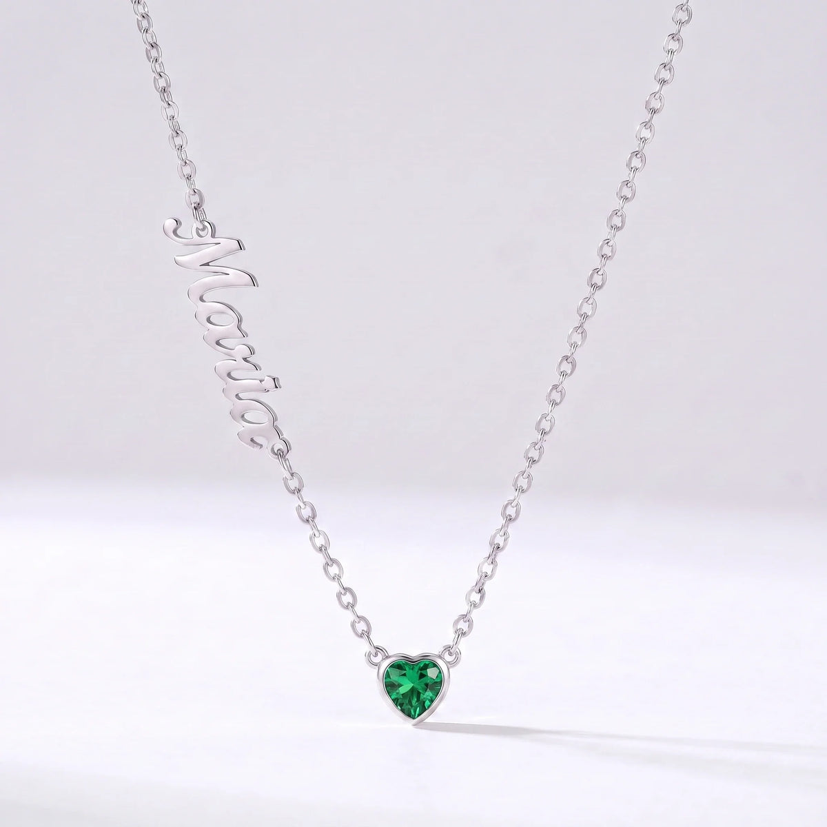 Collar Nombre y Coração de Nascimento Plateado — Diciembre — Topacio Verde