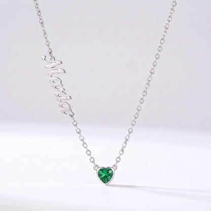 Collar Nombre y Coração de Nascimento Plateado — Diciembre — Topacio Verde