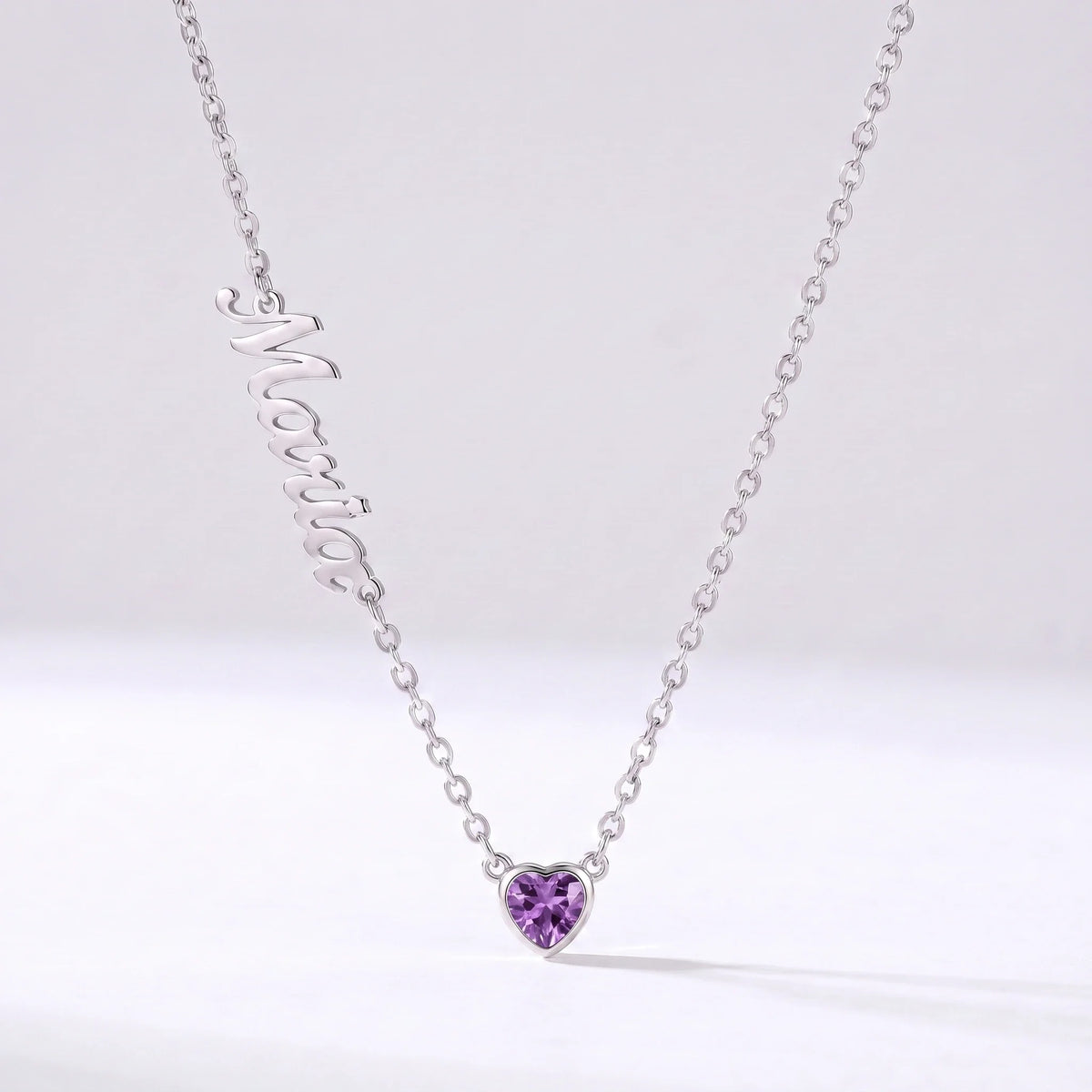 Collar Nombre y Coração de Nascimento Plateado — Febrero — Amatista
