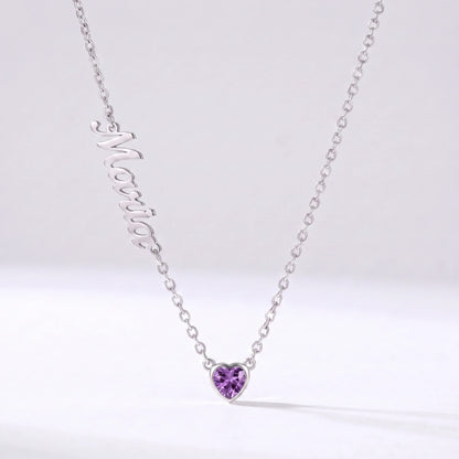 Collar Nombre y Coração de Nascimento Plateado — Febrero — Amatista