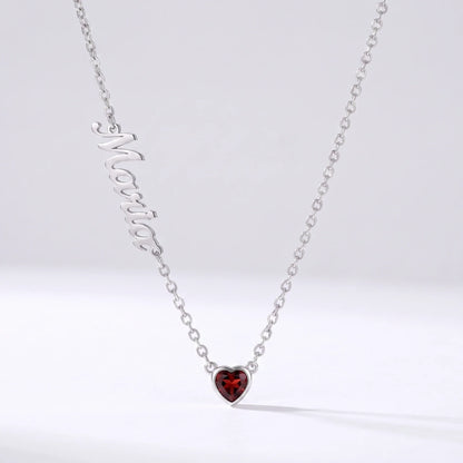 Collar Nombre y Coração de Nascimento Plateado — Enero — Granate