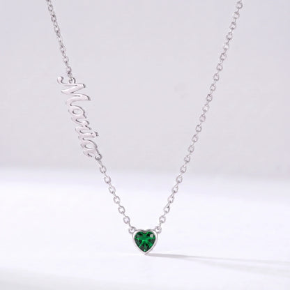 Collar Nombre y Coração de Nascimento Plateado — Mayo — Esmeralda