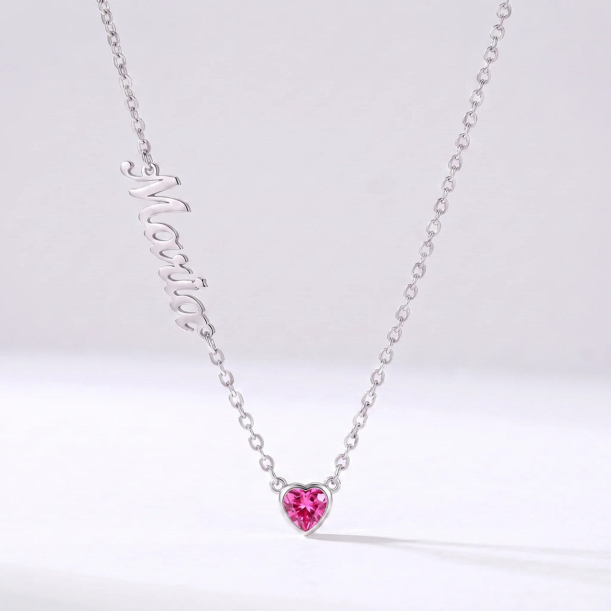 Collar Nombre y Coração de Nascimento Plateado — Octubre — Turmalina Rosa