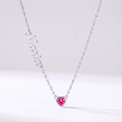 Collar Nombre y Coração de Nascimento Plateado — Octubre — Turmalina Rosa