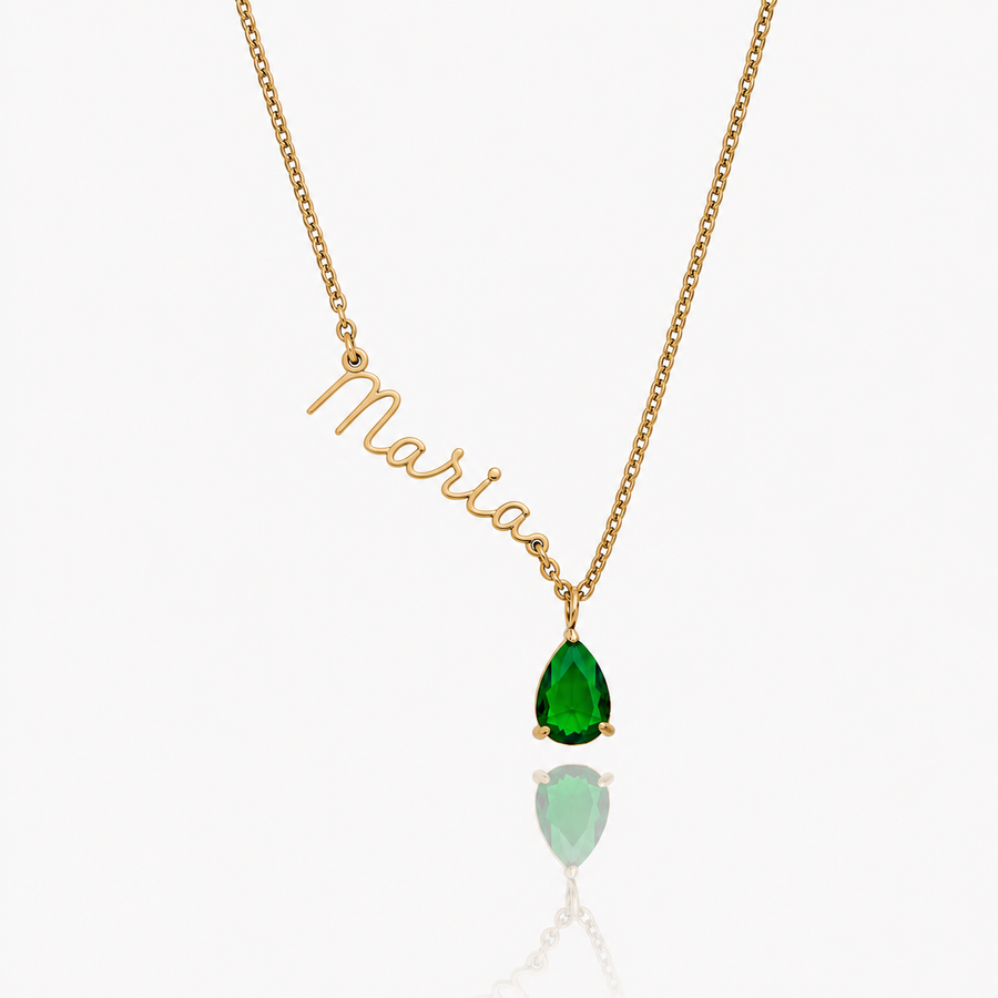 Collar nombre personalizado dorado Maria con piedra esmeralda