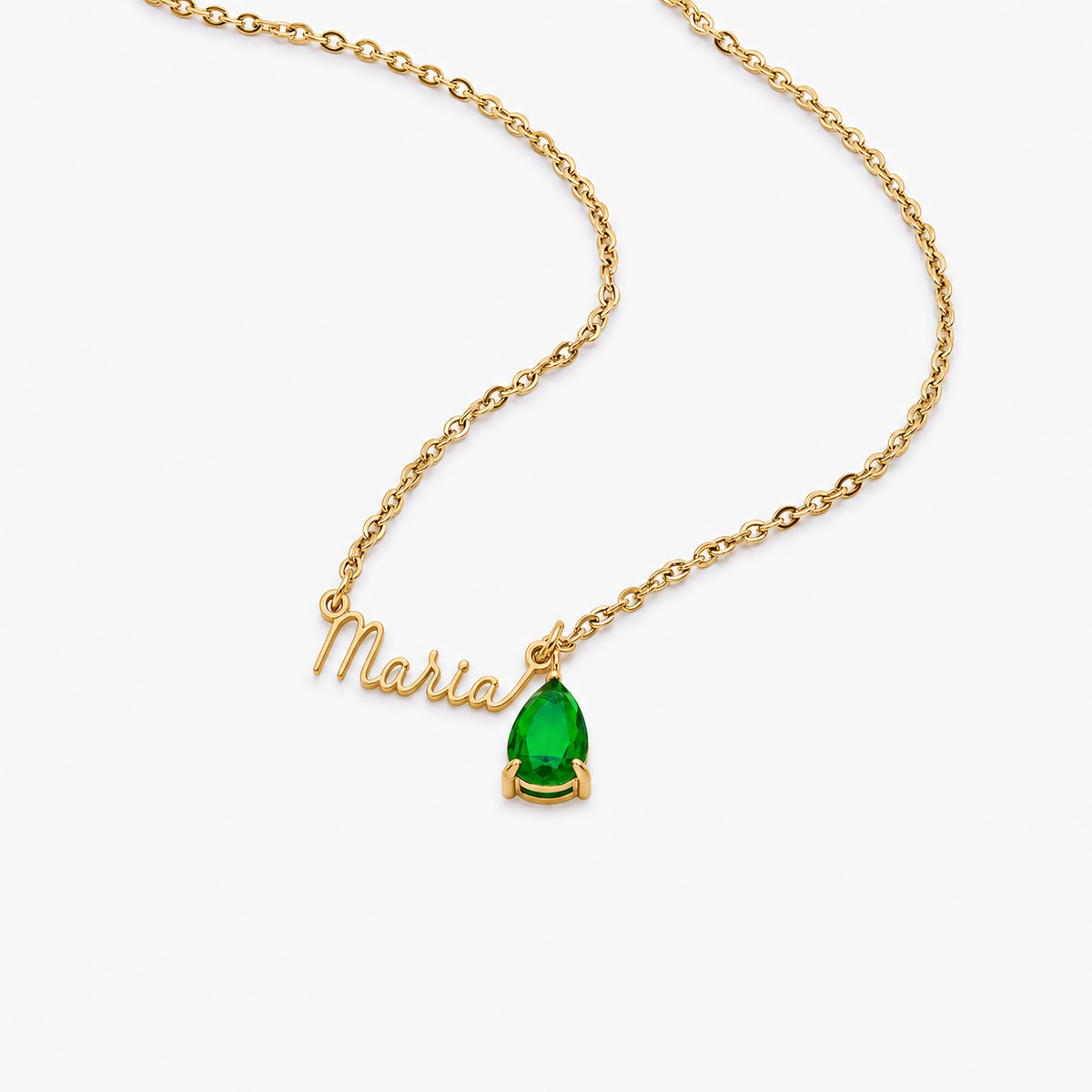 Collar nombre Maria con piedra esmeralda tumbado