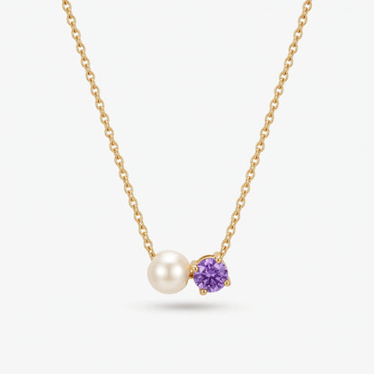 Collar de perla y piedra de nacimiento Febrero — Amatista dorado