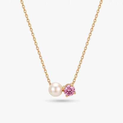 Collar de perla y piedra de nacimiento Octubre — Turmalina rosa dorado